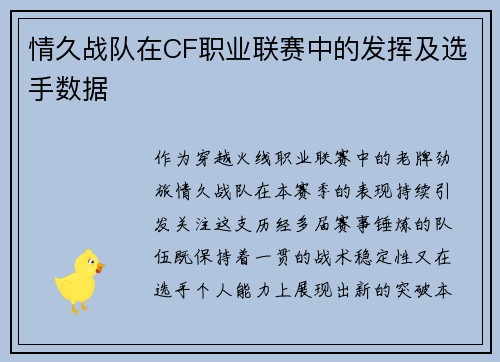 情久战队在CF职业联赛中的发挥及选手数据