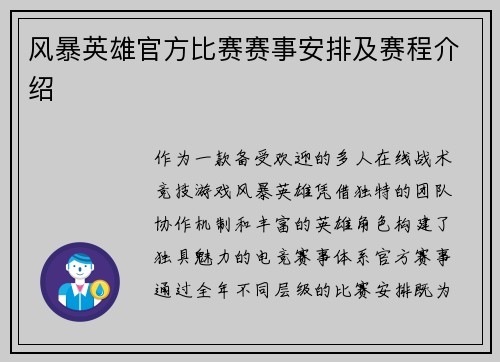 风暴英雄官方比赛赛事安排及赛程介绍