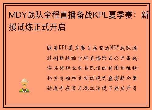 MDY战队全程直播备战KPL夏季赛：新援试炼正式开启
